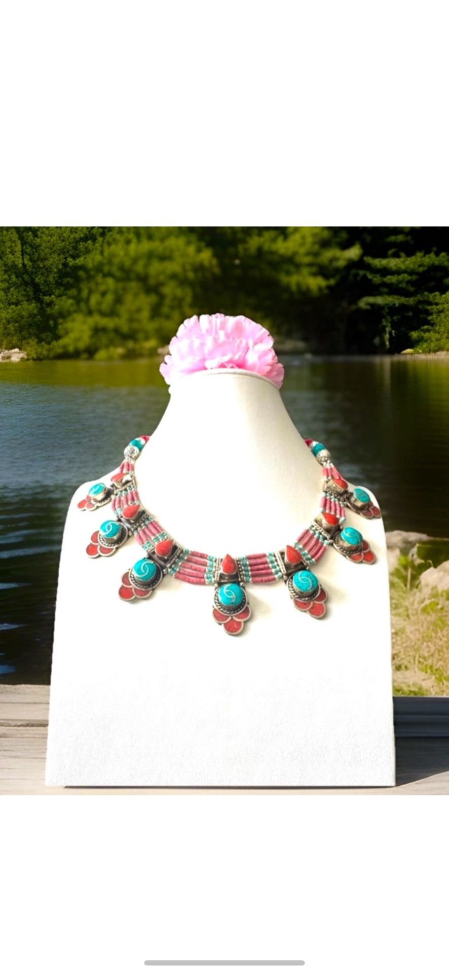 Vintage & Handcrafted Ethnic Indo/ Tibet Tribal Necklace With Inlay Stones Set In Silver 126grams