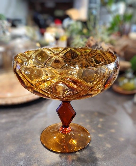 Empoli Italian Art Glass Amber Candy Dish Diamond Stem