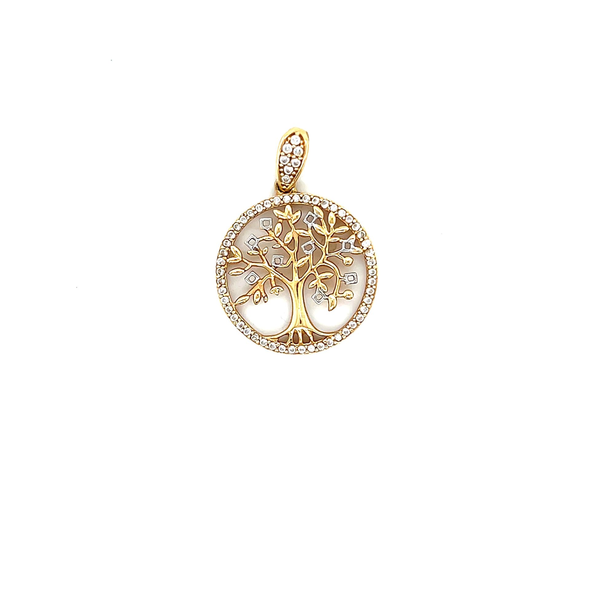 14K Gold Cz Circle Tree Pendant