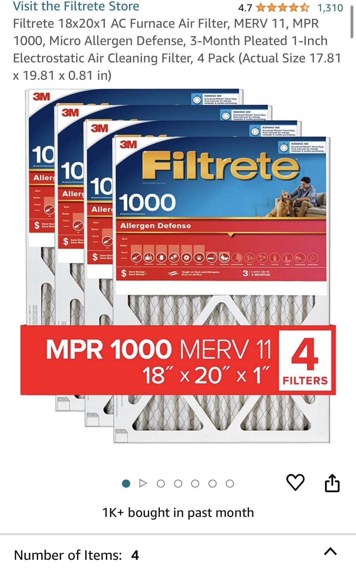 Filtrete 18x20x1 AC Furnace Air Filter, MERV 11, MPR 1000, Micro Allergen Defense, 3-Month Pleated 1-Inch Electrostatic Air Cleaning Filter, 4 Pack (A