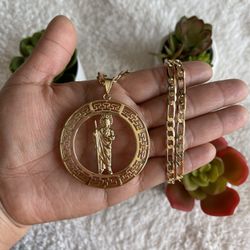San Judas Tadeo Con Cadena Fígaro 6mm/24” OroLaminado