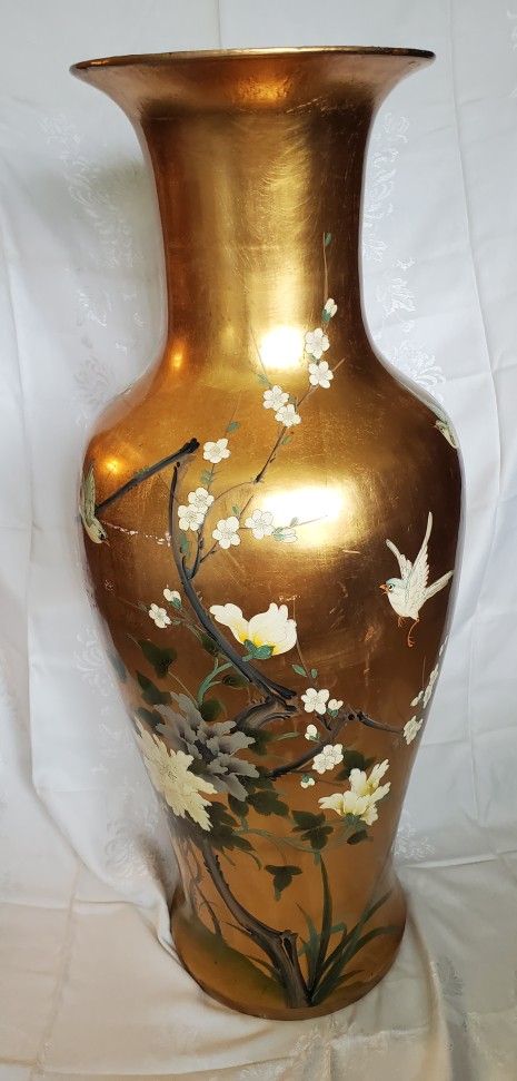 Porcelain 43" Tall Vase Hand Painted Birds And Flowers đź‘€ Gorgeous!
