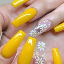 B2G1F 24-pcs.  Long Coffin Yellow/White Flowers Press On Nails