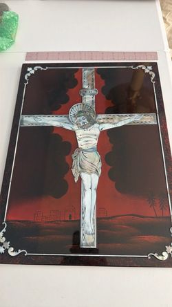 Catholic Cross icon on wood enameled and inlayed with mother of pearl 12”x16”