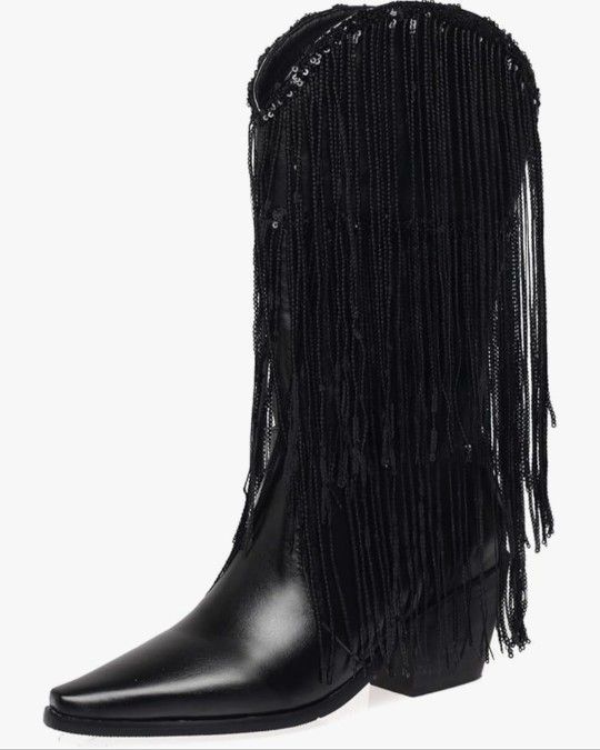 Women Block Heel Mid Calf Boots Fringe Mid Heel Boots Pointed Toe Slip On Cowboy Boots, Size 11

