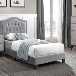 New Twin Size Bed With Adjustable Headboard,  Comes With Mattress Grey Color 