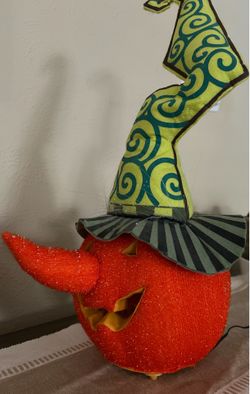 Beautiful fabric pumpkin lantern with green hat