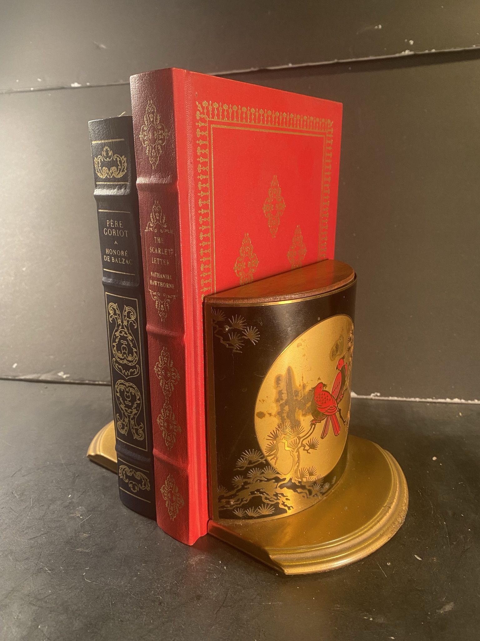 GRAMMES Vintage Wood/Enamel-Brass Full-Moon&Birds Mid-Century Bookends (Height: 5”)