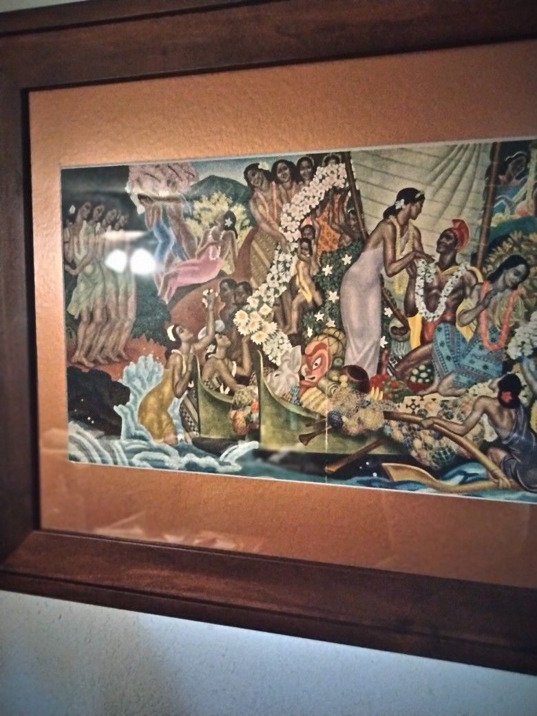 ORIGINAL LITHOGRAPH CAPTAIN'S MENU MATSON SEA LINES BY EUGENE SAVAGE 1950S LIVE THROUGH HELL WITH FRAME WITH GLASS COVER DUST COVER ON BACK