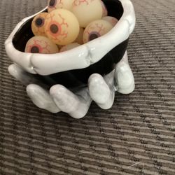 Halloween  Hand Holding Bowl of Rubber Eyes