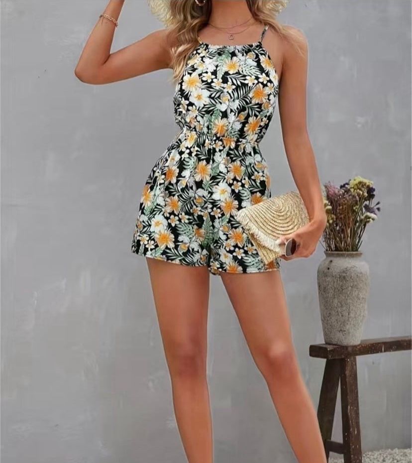 Floral Print Cami women’s Romper Jumpsuit, Casual Sleeveless Romper XXL