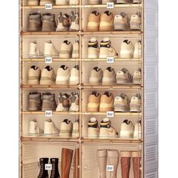 Portable Shoe Rack Organizer for Closet, Foldable Stackable Sneaker Storage Shoe Cabinet with Magnetic Clear Door, Installation Free Shoe Storage Boxe