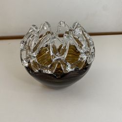 5.5” Unique Mid Century Amber Art Glass Silver Speck Candle Holder Vase Planter