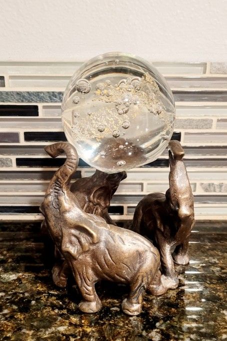 Heavy Metal 3 Elephant Statue with Clear Sphere and Gold Design/Milwaukie 