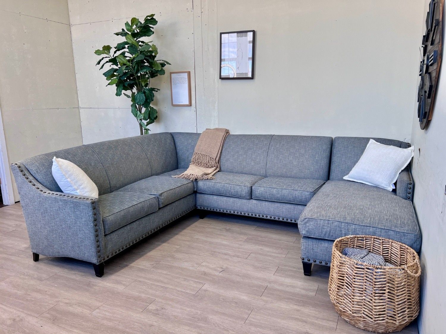 Fast Delivery Available — Rowe Furniture Blueish Gray Modern 3pc U Sectional Couch with Chaise