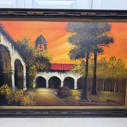 Large Vintage Framed Oil Painting – Spanish Mission Courtyard – Signed Brent – 40x29 Wall Art
