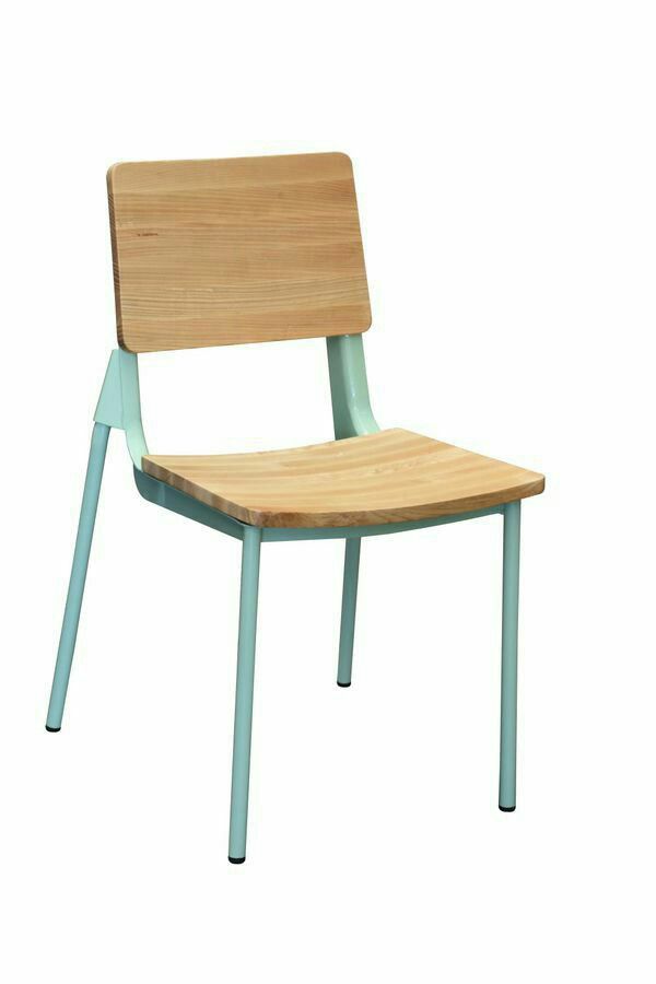 MODIST Turquoise Designer Metal Restaurant Side Chair with Wood Back and Seat. Stackable