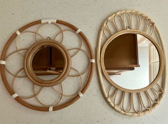 2 Vintage Style Bamboo Hanging Mirrors