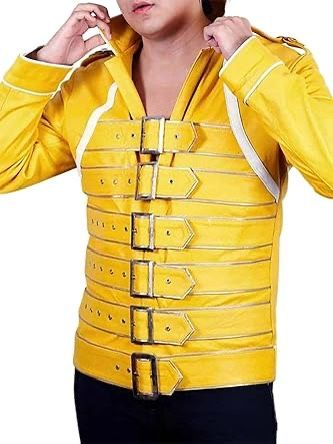 Mens MJ Star Rock Pop Singer Concert Belted Costume Yellow Leather Jacket 2XS