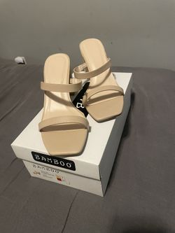 tan strap block heels (size 7)