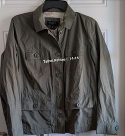 New Talbots Petite Large 14-16 Light Weight Spring/Fall Olive Army Green 4 Pocket Coat Utility Jacket Canvas. 100% Cotton, Fully Lined. Bust 40, Lengt