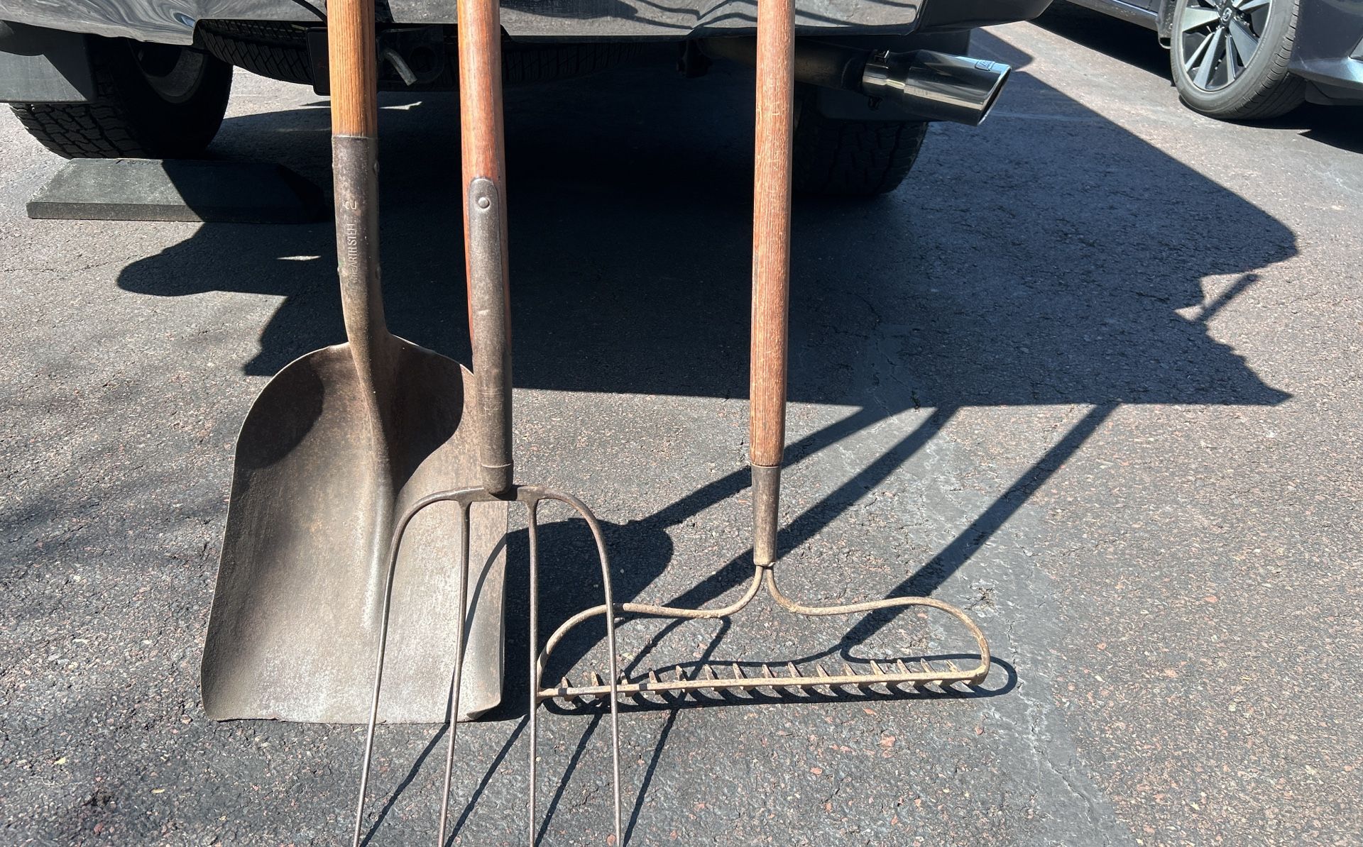 Antique Shovel, pitchfork , and hard rake
