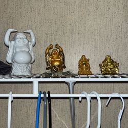 Set of 4 Laughing Buddha Figurines – Resin & Ceramic – Good Luck / Feng Shui Decor