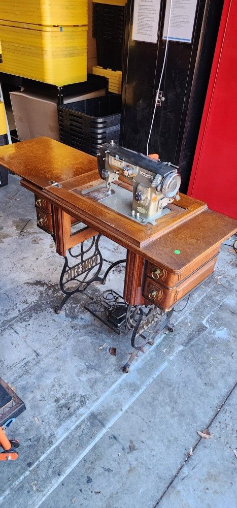 Antique 'Domestic' Sewing Table - Incredible Oak & Cast Iron Piece