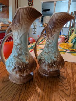 MCM vintage, antique, mid century 1940s set of 2 McCoy ceramic pitchers, vases, ewers