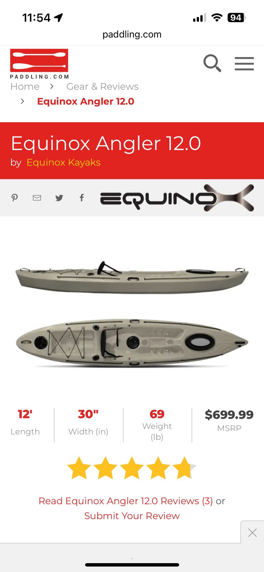 Kayak 12.0, Max Weight Capacity 450 Lbs