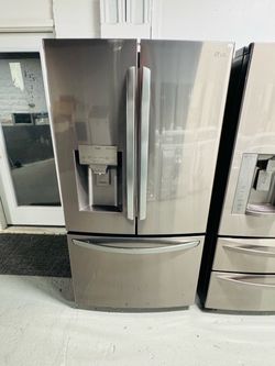 LG black stainless steel refrigerator (36" x 69" x 25") with a receipt for a 90-day warranty.