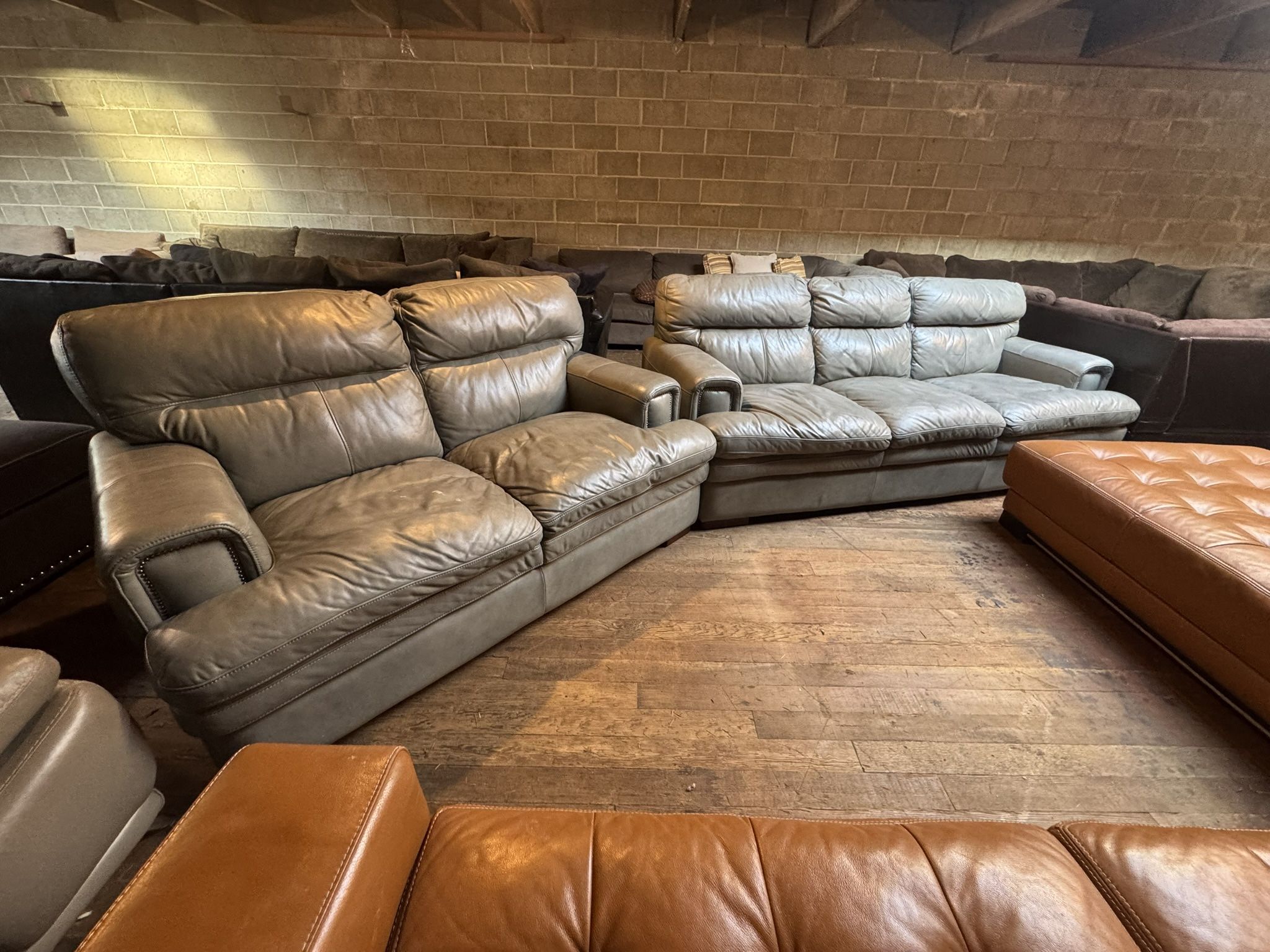 Matching Gray Leather Sofa & Loveseat Set โ Plush, Wide-Arm Design, Nail Head Accents โWE DELIVERโ