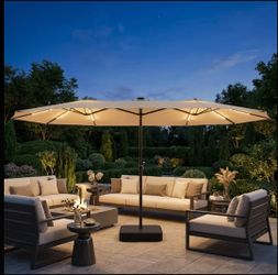 15 x 9 ft Large Double Sided Patio Umbrella with Base. Solar Panel LED Lights