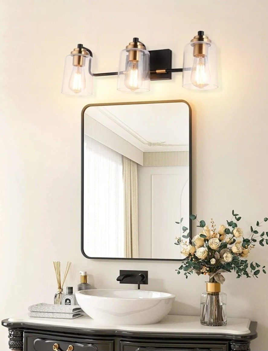 Solfart 3-light Vanity Light Black And Gold With Clear Glass Shades 23in New