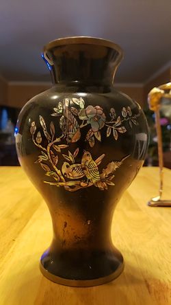 Abalone shell mother of pearl antique Korea brass flower vase bird tree