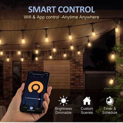 Brand New 49 Ft Outdoor LED String Lights , Smart Patio Lights 15 Led Bulbs. App Wifi Control, Adjustable Brightness.