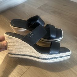 Karl Lagerfeld Black Wedge Sandals with Espadrille Detail