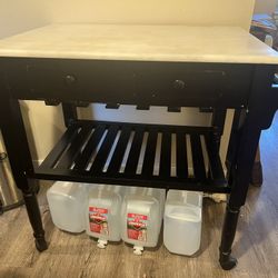 Black Kitchen Cart / Island w/ Stone Top + Wine Glass Holder (33x33)