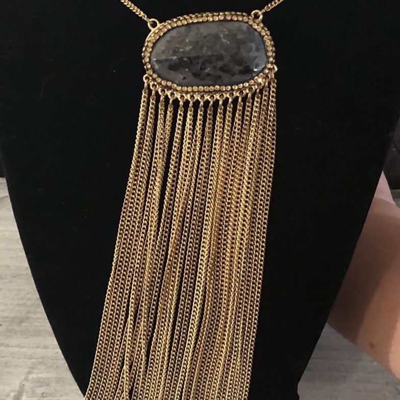 Natasha Black Stone And Gold Fringe Necklace