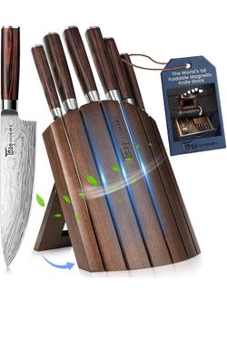 Sealed brand new 2026 Upgrade Knife Set 7 Piece Japanese Style Kitchen Knife Set With Foldable Magnetic Acacia Wood Block Sharp High Carbon Stainless 