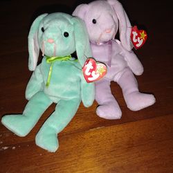 Hippity And Floppity Vintage Retired Hand Made Beanie Baby Rabbits 