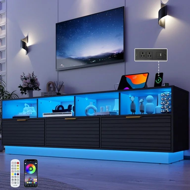 LED TV Stand for up to 85'' TVs with Power Outlet, 70'' Large Entertainment Center Console Table with 3 Storage Cabinet & Gaming Soundbar Shelf for Li