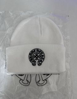 Chrome Hearts White Beanie Hat Black Logo Cross Patch Stretch One Size