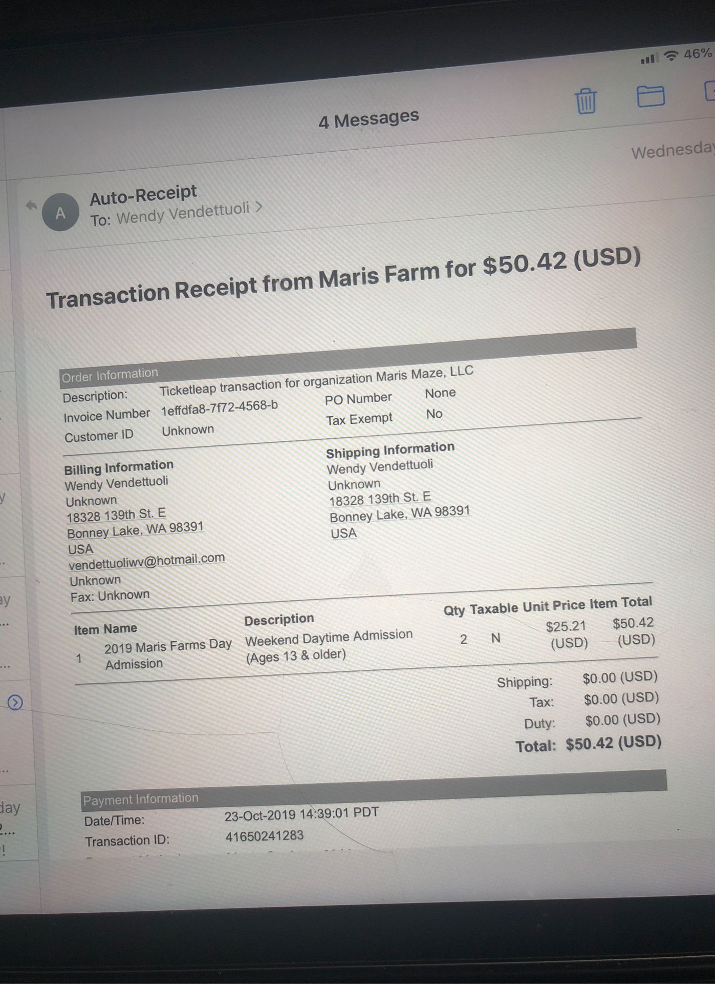 2tickets to Maris Farms for 20/27/19 $30.00