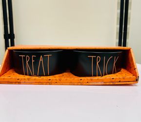 Rae Dunn Halloween Trick Or Treat Ceramic Pet Bowls 6” Orange & Black NEW