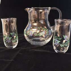 Mid Century Little Flower Pitcher & 2-Glasses