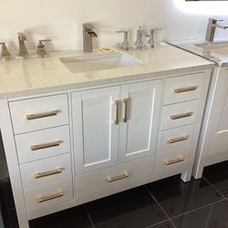 48” Bathroom Vanity Cabinet Solid Wood Sparkling Quartz Top Ready For Pick Up 