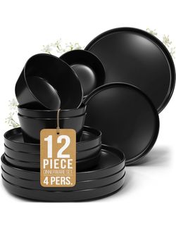 Brand new Stoneware dinnerware set 4 persons 12 pcs – Matte black plates and bowls set – Dishwasher, microwave and scratch resistant – Bowl and plate 