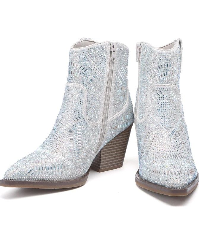 Size 7.5 Rhinestone Boots for Women Cowboy Boots Silver Cowgirl Boots Sparkly Pink Shoes Glitter Red Short Shoes