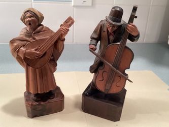 2 Pre-WWII Hand-Carved Wood Street Corner Performers 8” Cello Mandolin Musicians Germany